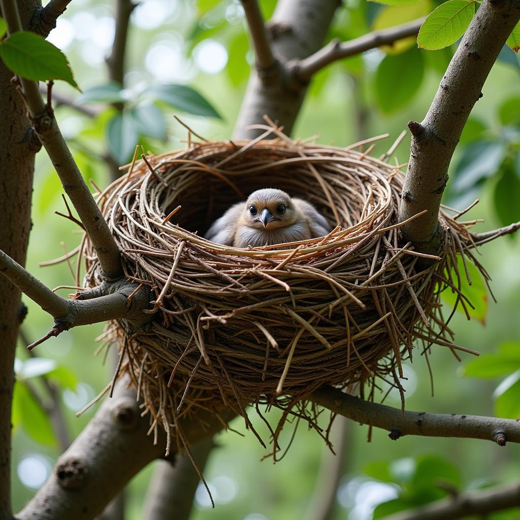 Tổ chim hình chén được xây dựng trên cành cây, với các vật liệu như cành cây nhỏ, cỏ khô và lông vũ.