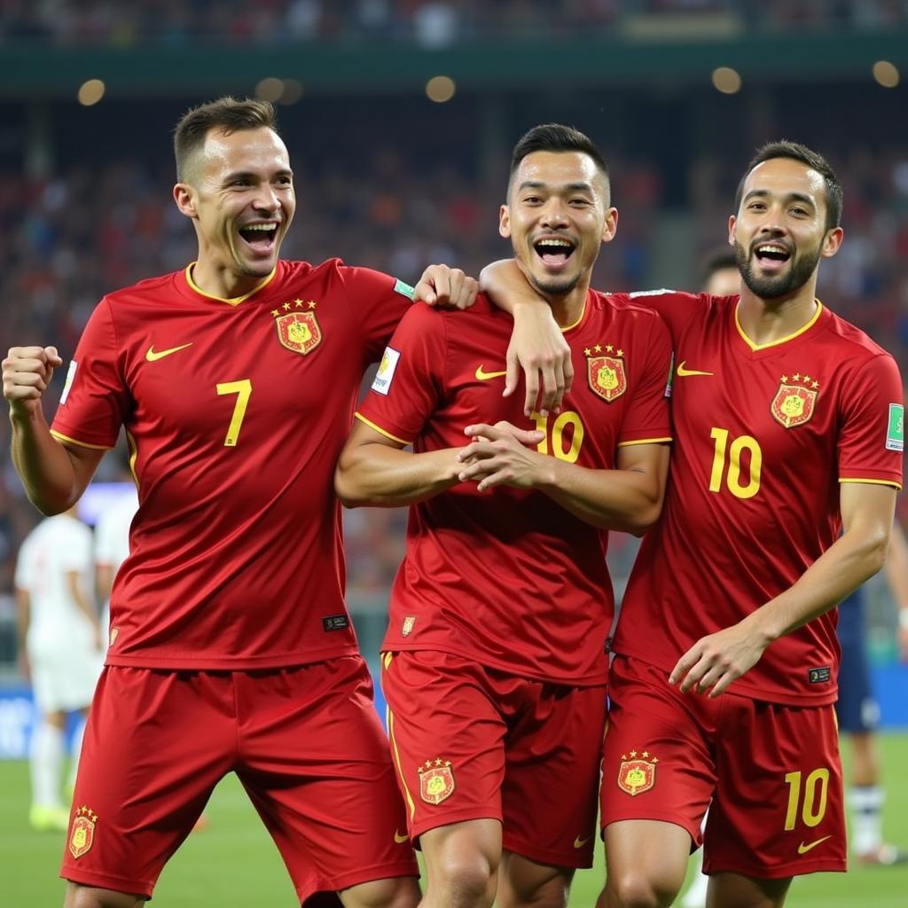 Đội tuyển Việt Nam ăn mừng bàn thắng tại Asian Cup 2019 vòng 1/8