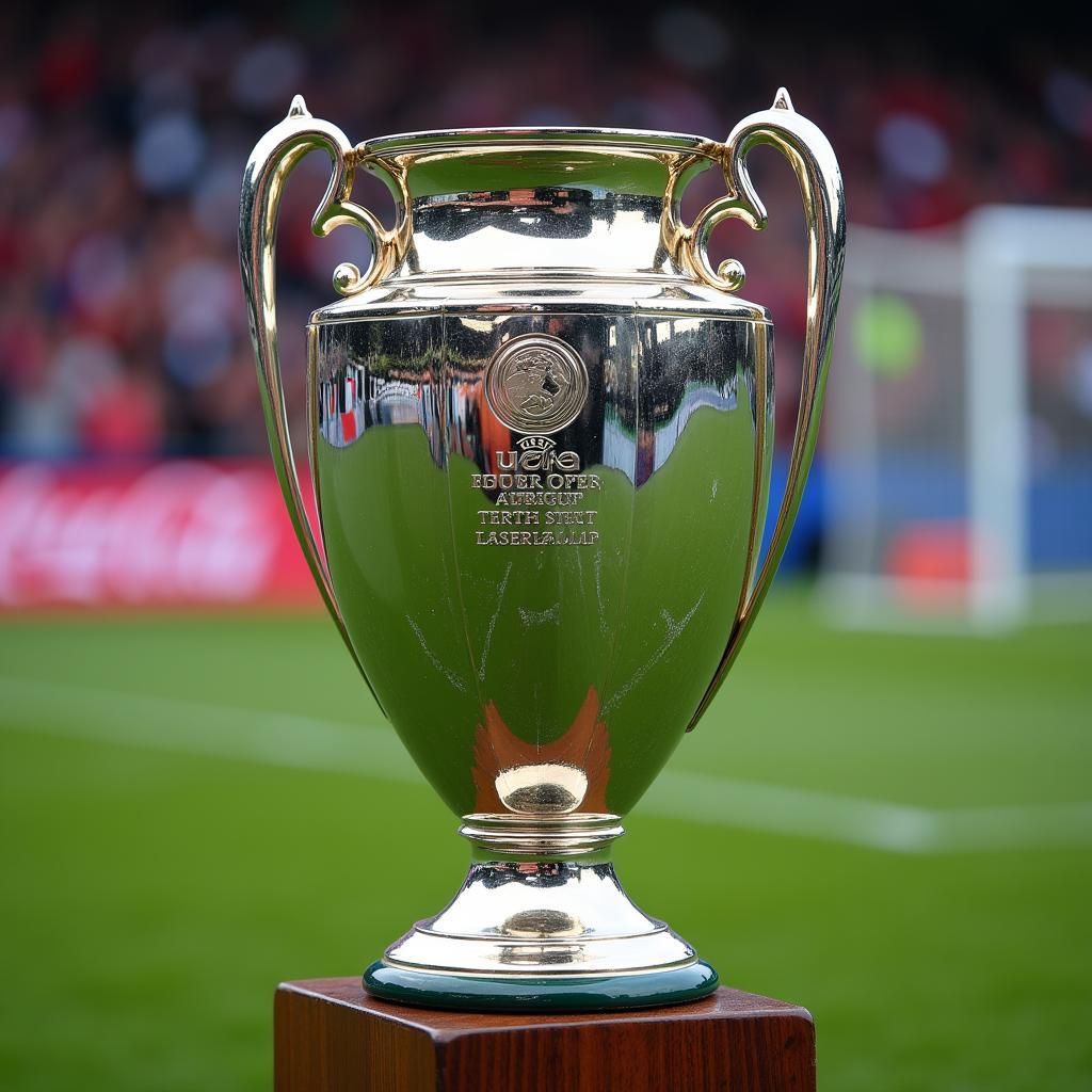 Hình ảnh cận cảnh chiếc cúp UEFA Super Cup, làm nổi bật các chi tiết tinh xảo và vẻ đẹp lấp lánh của nó