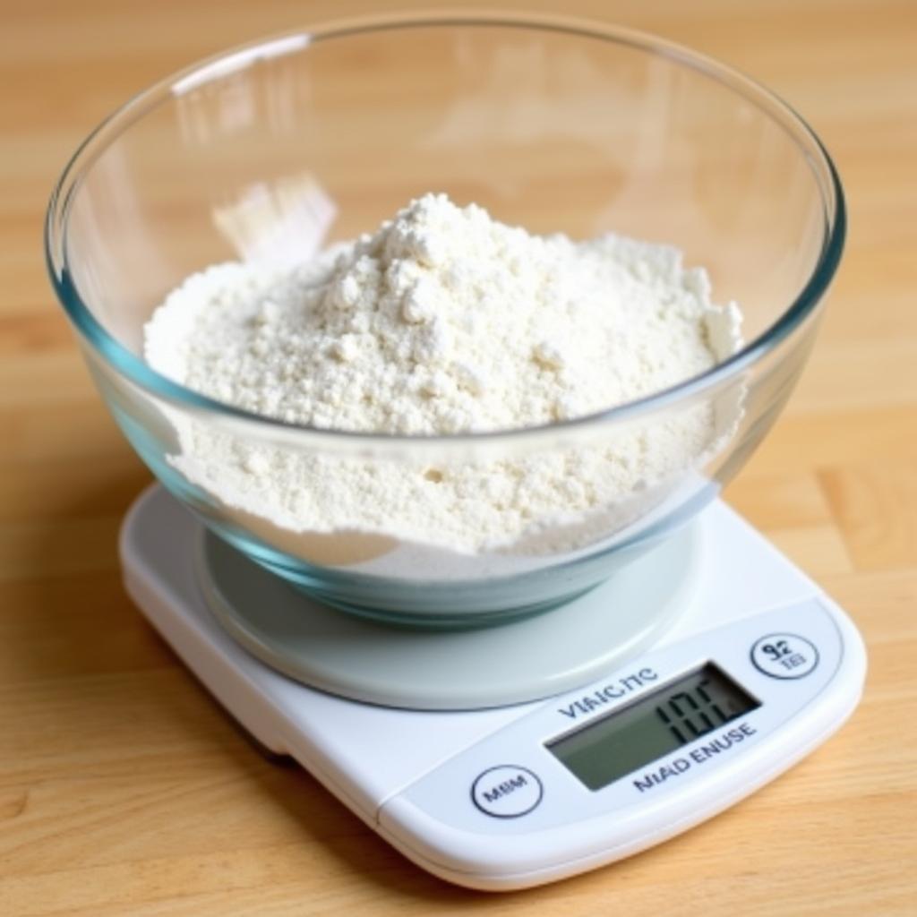 Digital kitchen scale measuring flour in a bowl for precise baking.