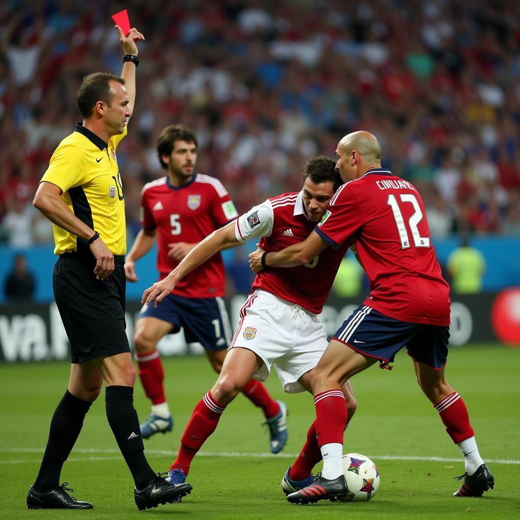 Zidane headbutts Materazzi in the 2006 World Cup final, with referee Horacio Elizondo preparing to issue a red card.