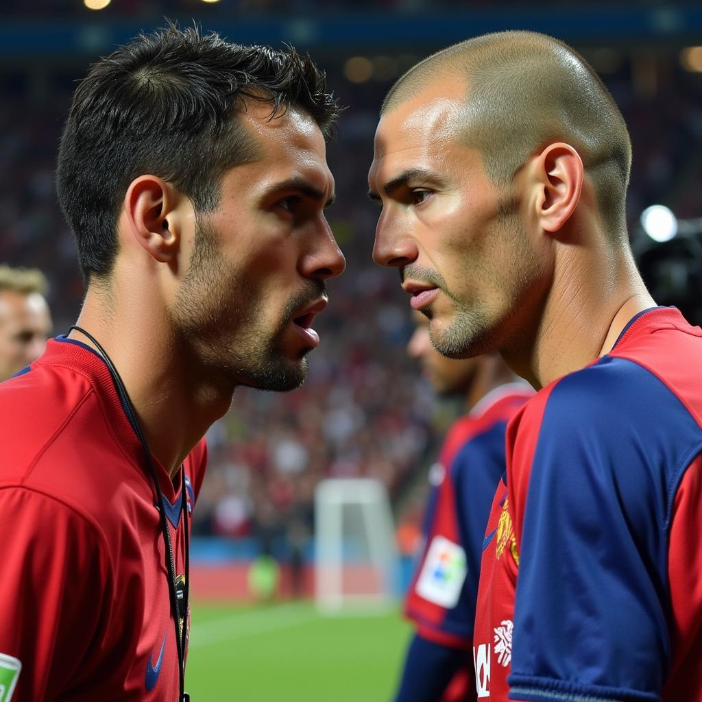 Zidane and Materazzi exchange words moments before the infamous headbutt in the 2006 World Cup final.