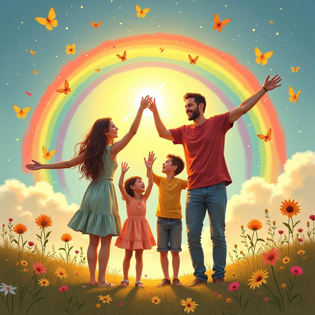 10 of Cups Love: A family joyfully celebrating under a rainbow, symbolizing complete happiness and fulfillment in love.