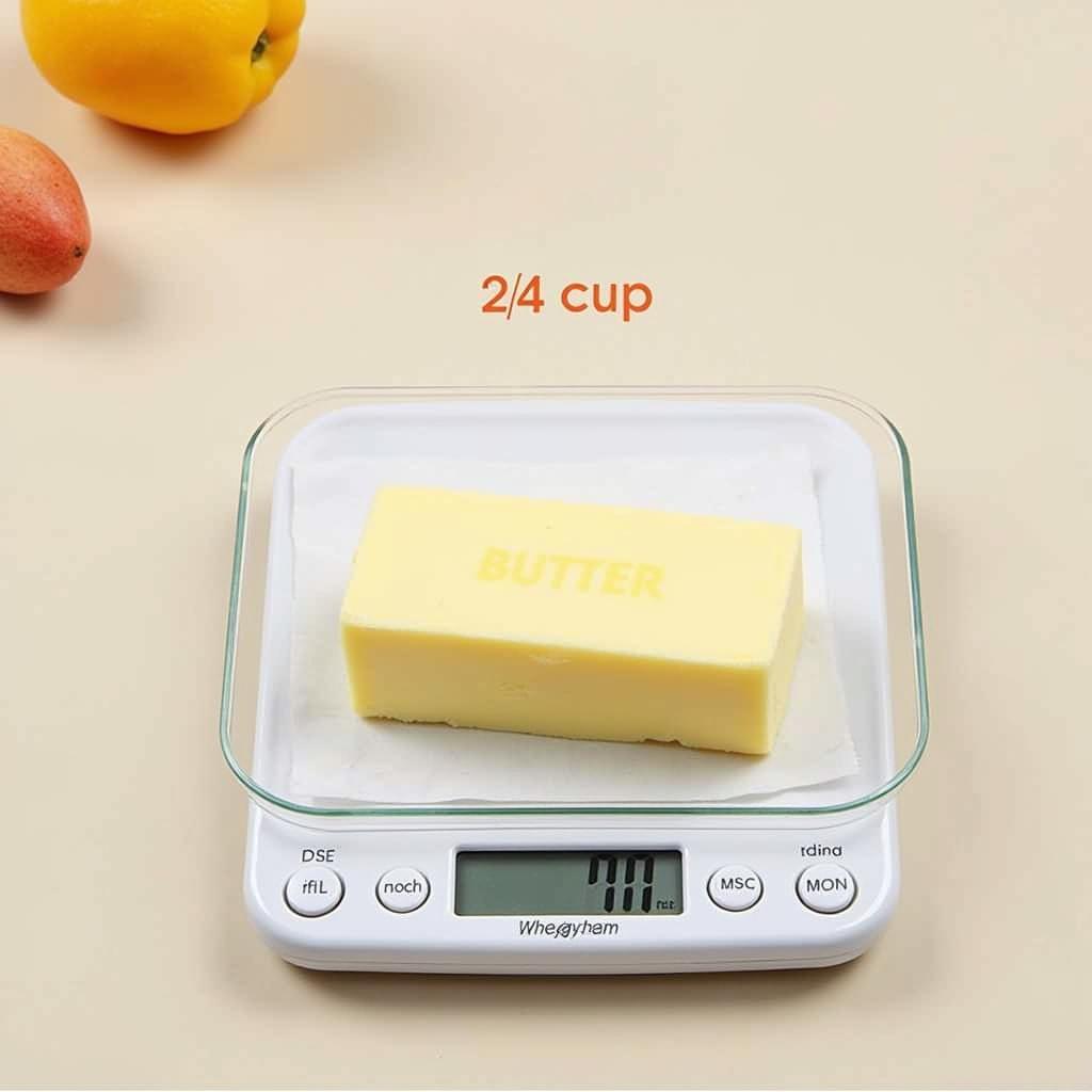 Weighing 3/4 cup butter on a digital kitchen scale for accurate measurement.