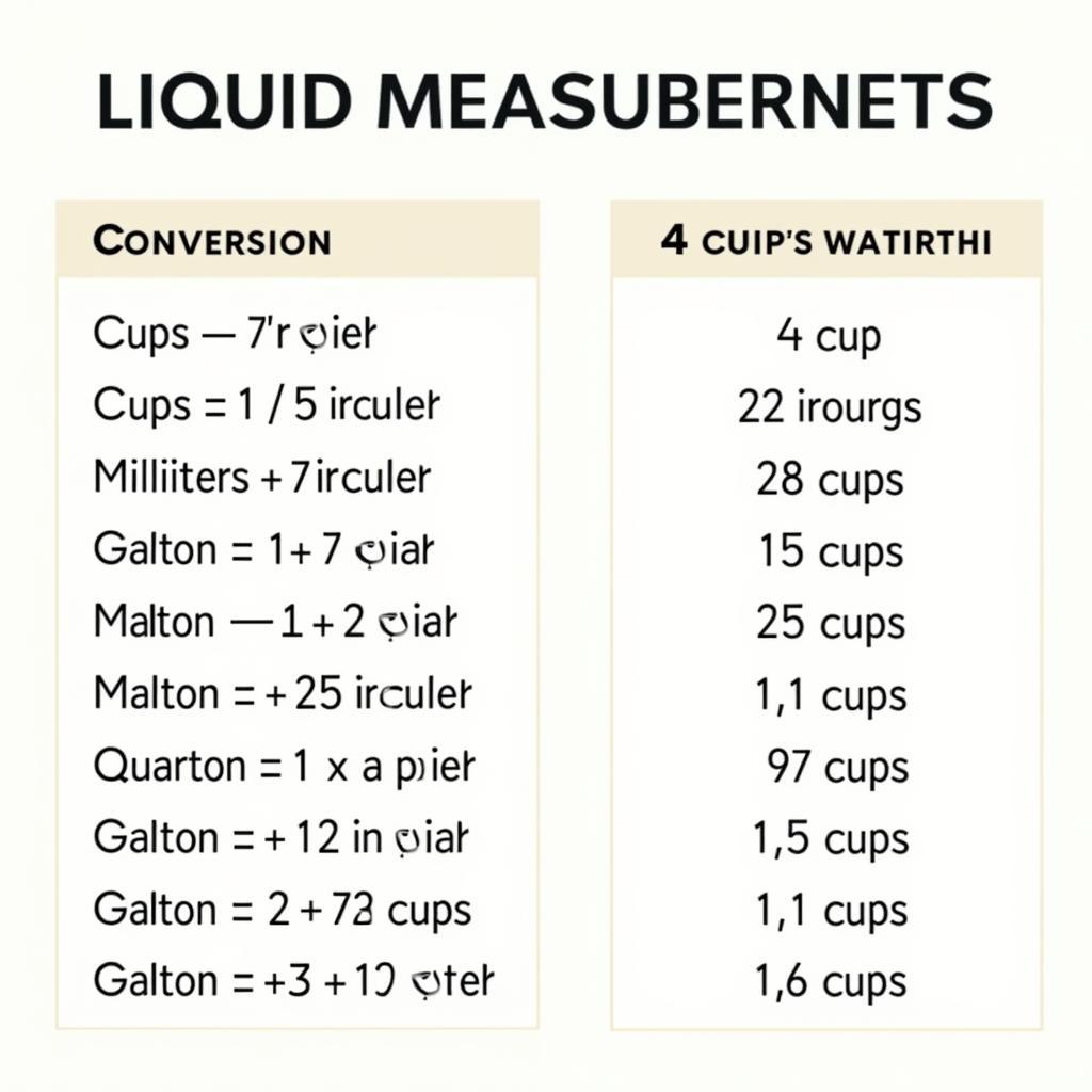 Conversion chart for liquid measurements