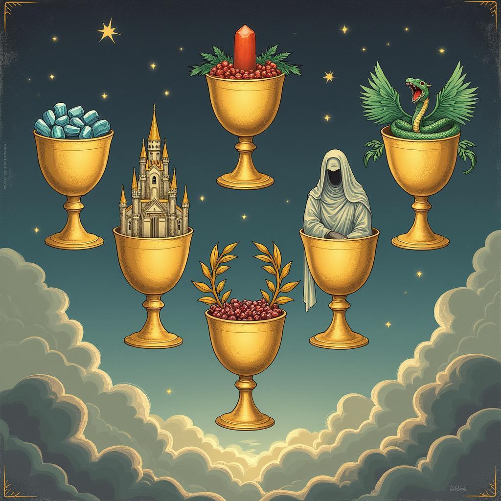 Seven cups floating in the air, each containing different symbolic objects