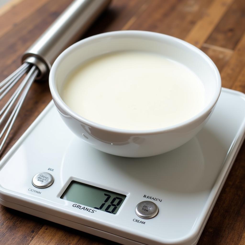 Digital Scale Measuring Heavy Cream in Grams