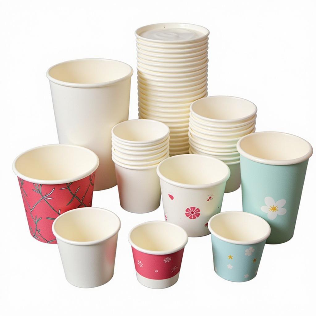 Hình ảnh minh họa sự đa dạng của cup giấy về kích thước, màu sắc và kiểu dáng