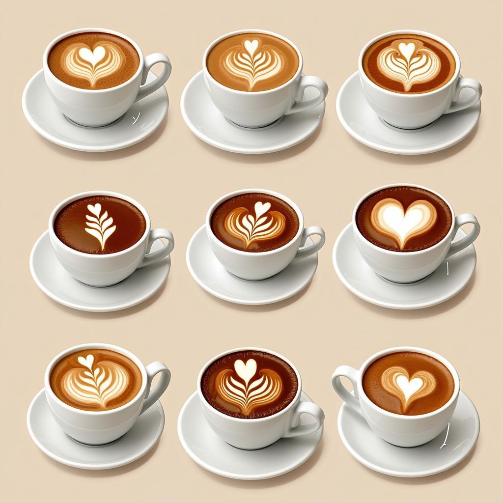 Latte art tulip and heart designs in various coffee cups