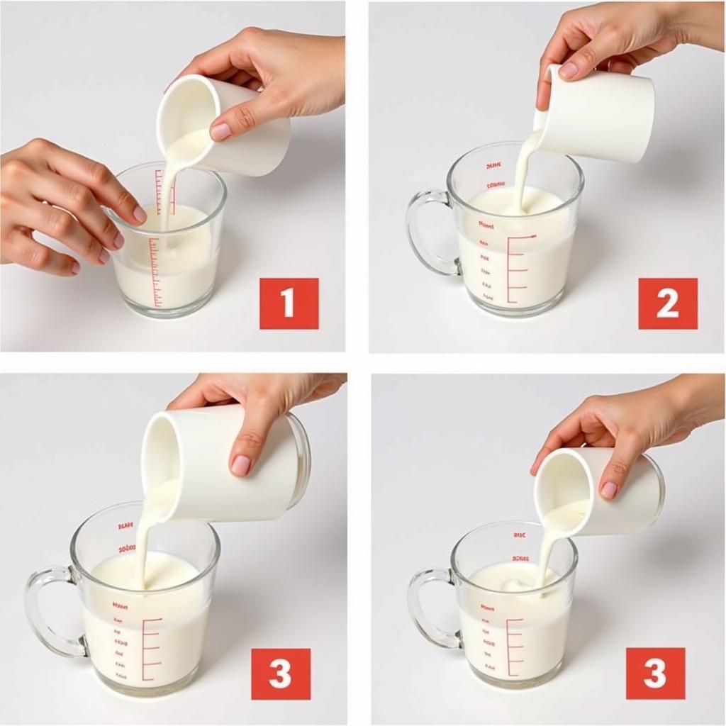 Measuring Milk Accurately: A step-by-step guide showing the correct way to measure milk using a liquid measuring cup, emphasizing the importance of a level surface and reading at eye level.