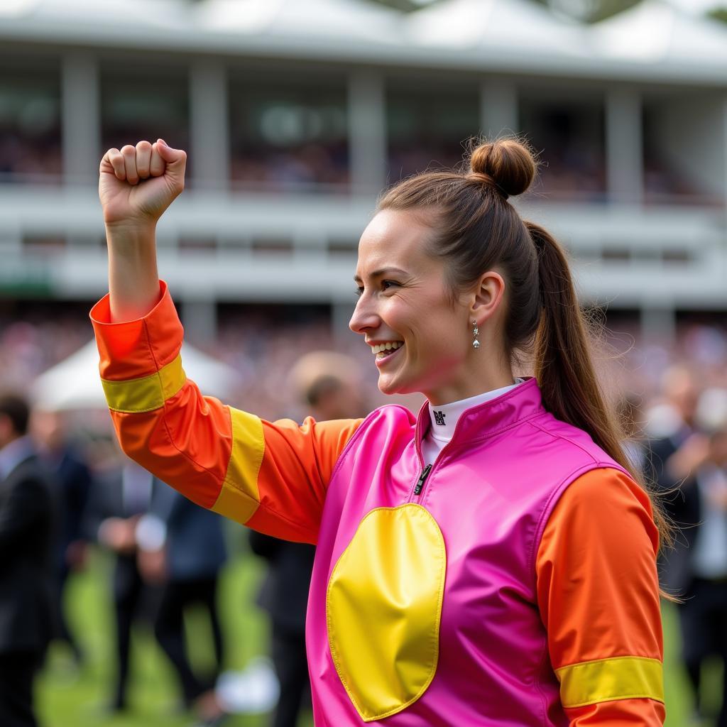 Michelle Payne celebrating her historic Melbourne Cup win