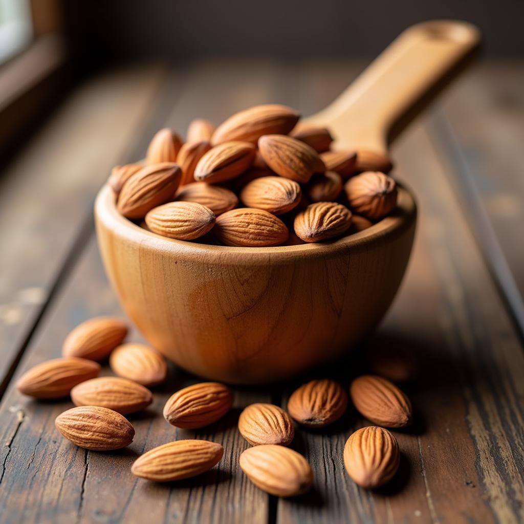 A cup of almonds on a wooden table