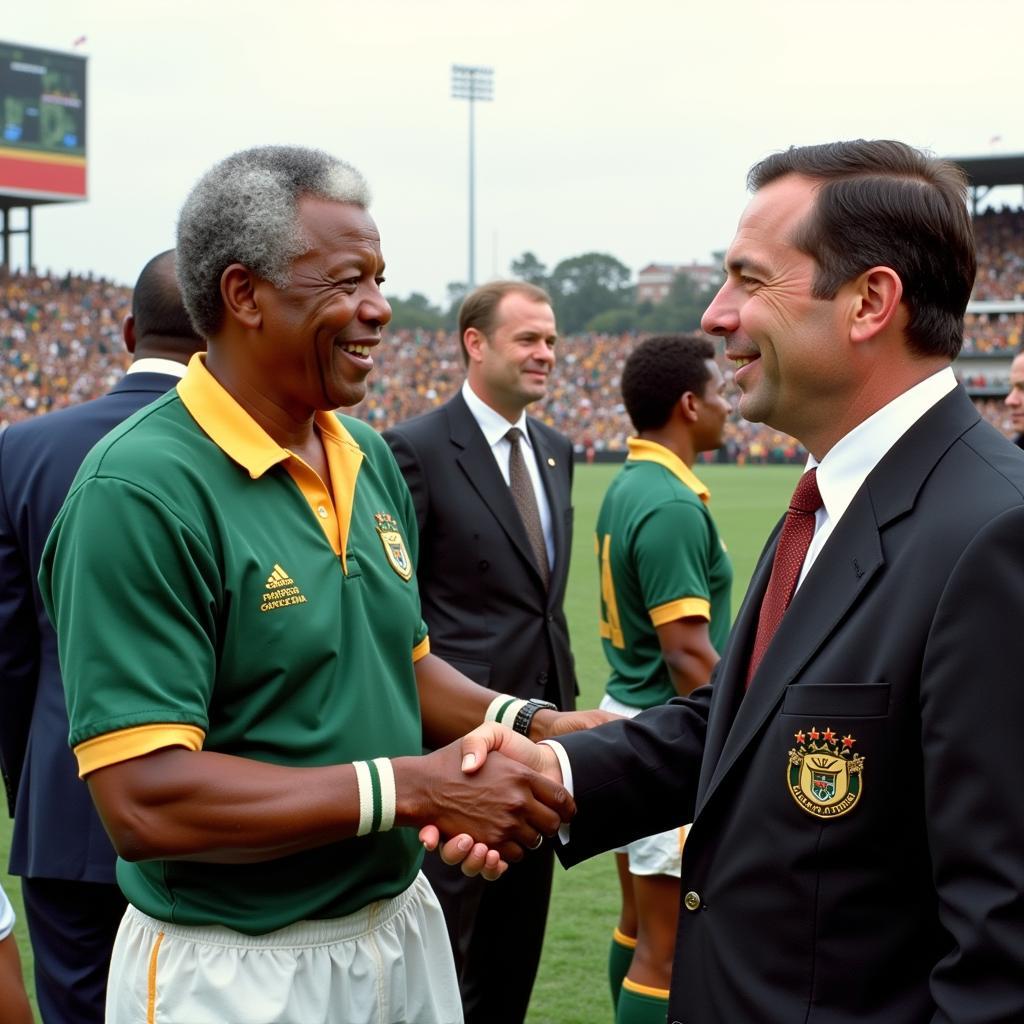 Nelson Mandela shaking hands with Francois Pienaar