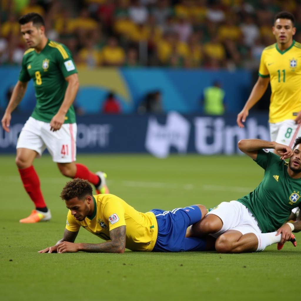 Neymar ngã xuống sân trong trận đấu với Mexico tại World Cup 2018