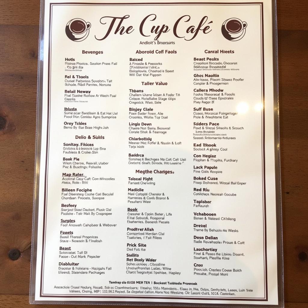 The Cup Cafe Menu đa dạng với nhiều lựa chọn đồ uống và món ăn