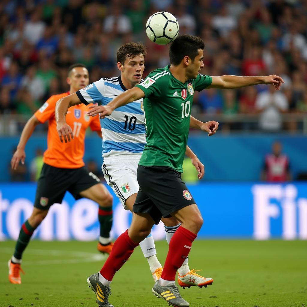 Uruguay and Mexico players contest the ball during the 2011 U17 World Cup final.